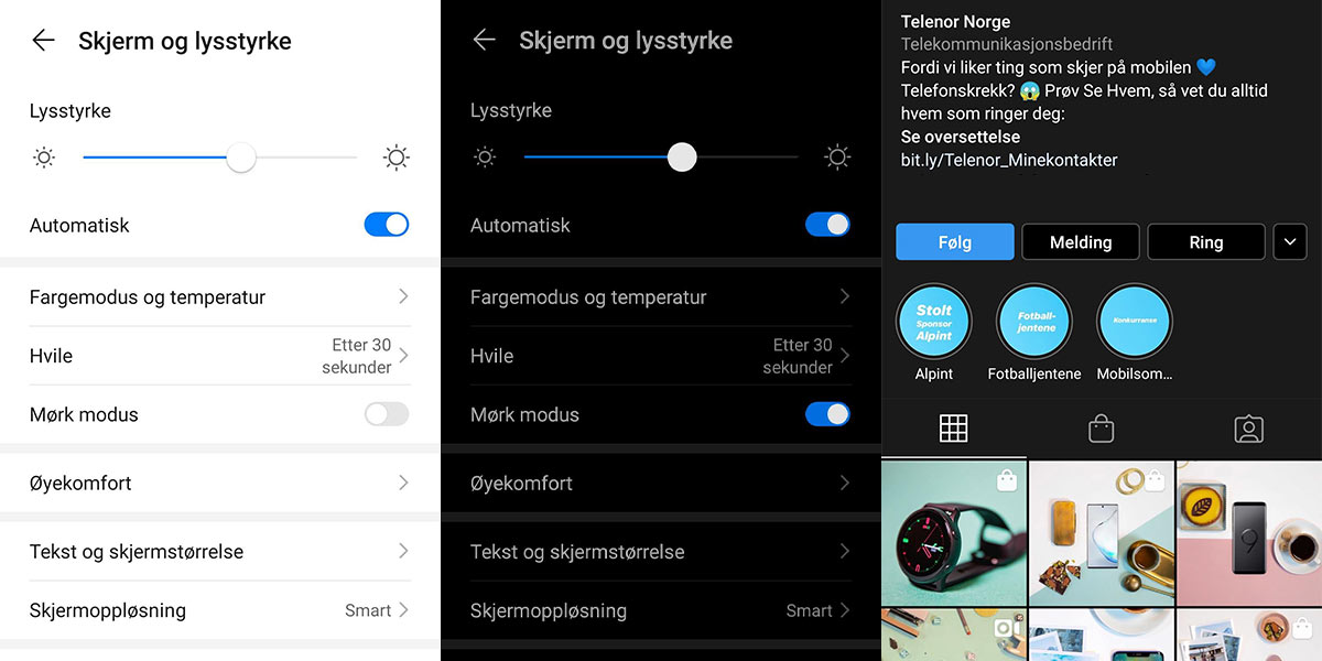 Manuell aktivering av mørkemodus på en Huawei P30 Pro med Android 10 og hvordan Instagram ser ut med moduset aktivert. På Android 11 vil mørkemodus kunne aktiveres automatisk etter tiden på døgnet.
