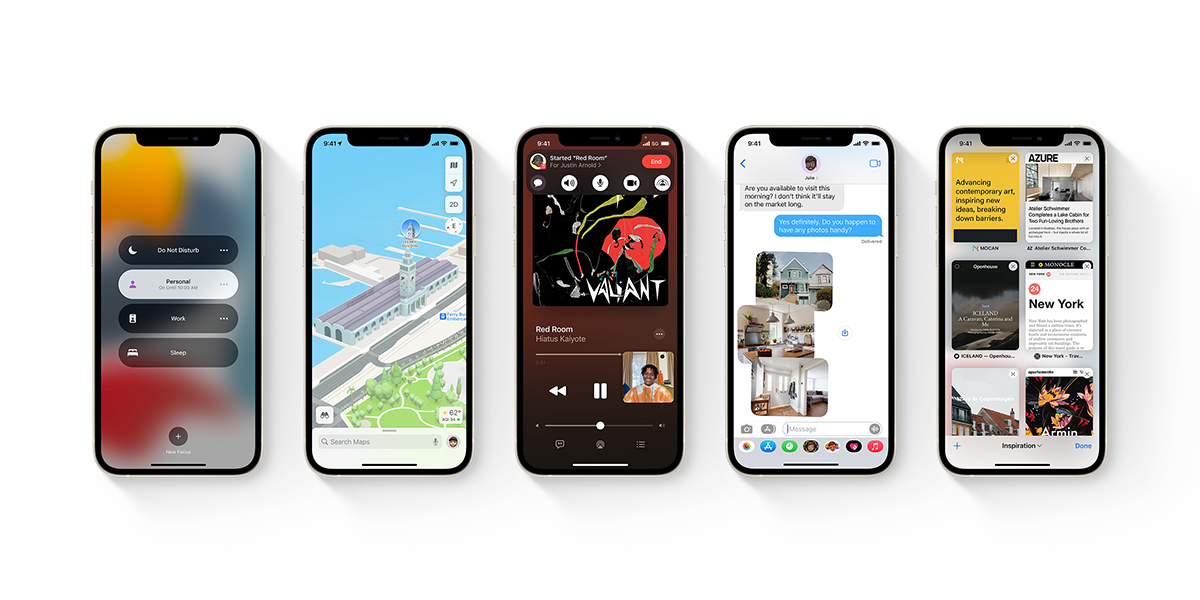 Bilde som viser en rekke med iPhone og nye funksjoner på hver skjerm