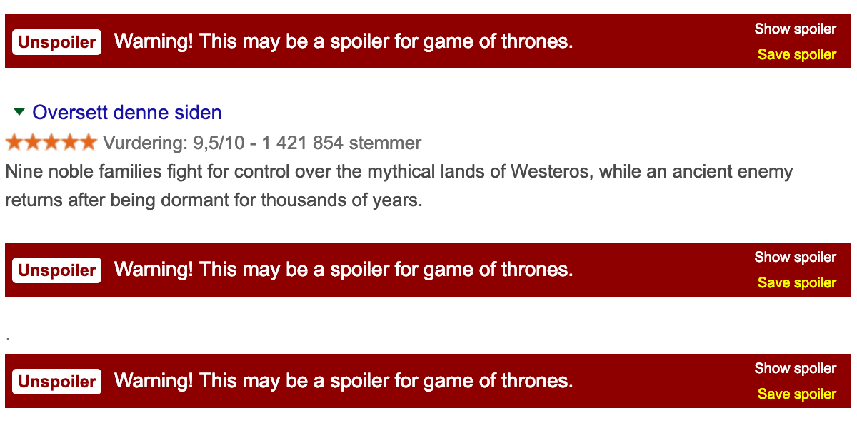 Slik vil et Google-søk på «Game of Thrones» se ut med Unspoiler aktivert.