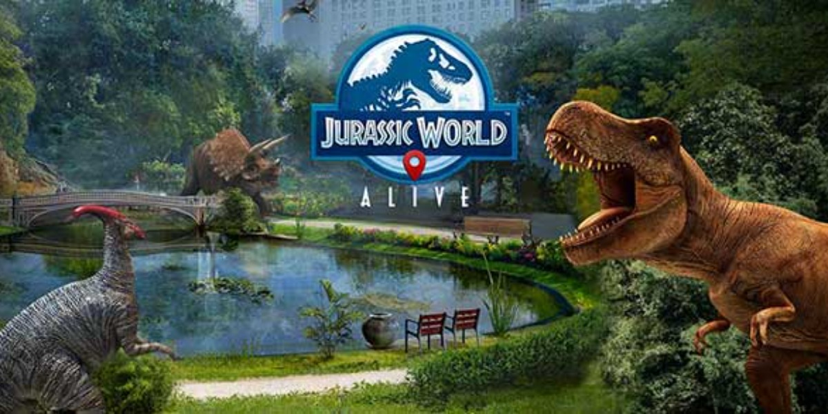 Bilde som viser spillets logo og en T-Rex som brøler i jungelen