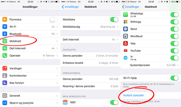 Skjermbilde av hvor man finner databruk på iPhone