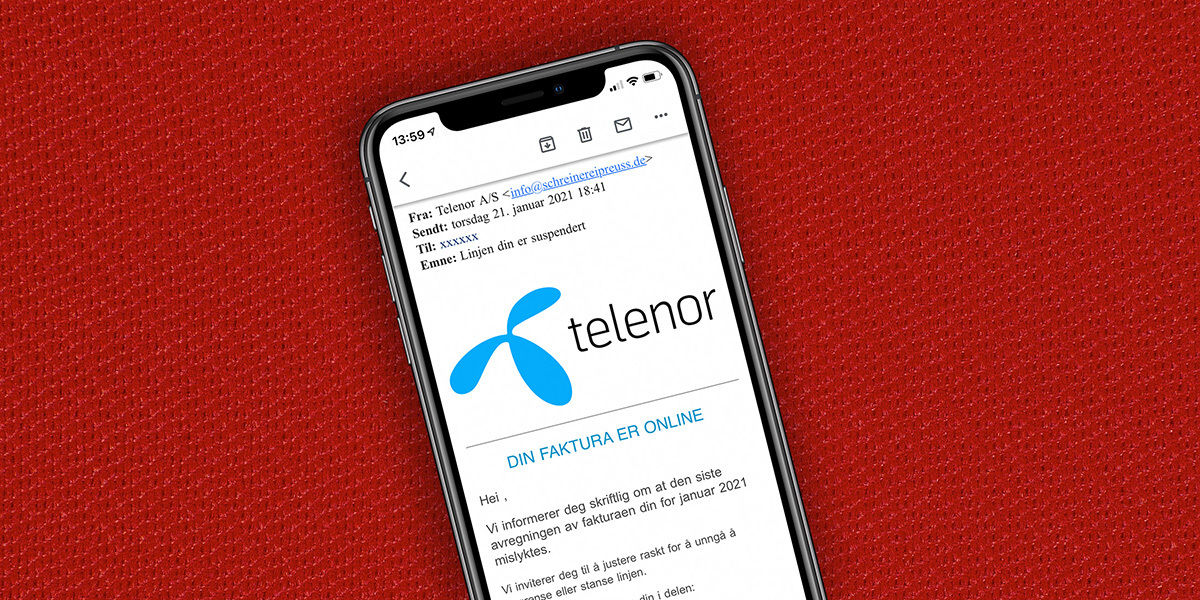 Bilde av en mobil som viser eksempel på en falsk faktura fra Telenor.
