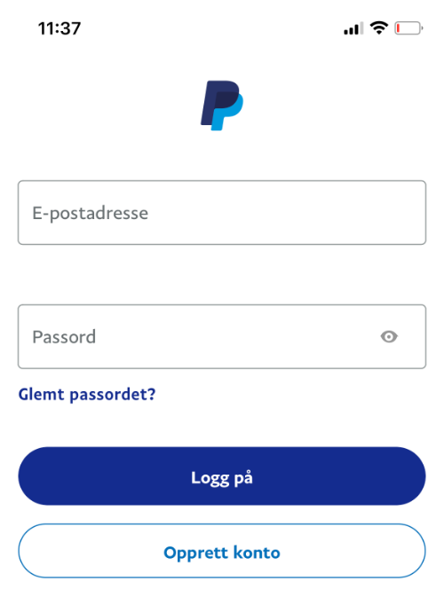 Bilde som viser innloggingsskjermen i PayPal-appen