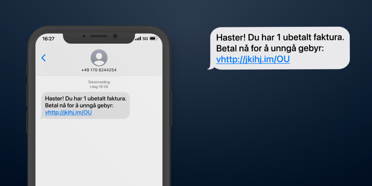 Bilde som viser en svindel-sms med tvilsom lenke, hvor skurkene spiller på hastverk.