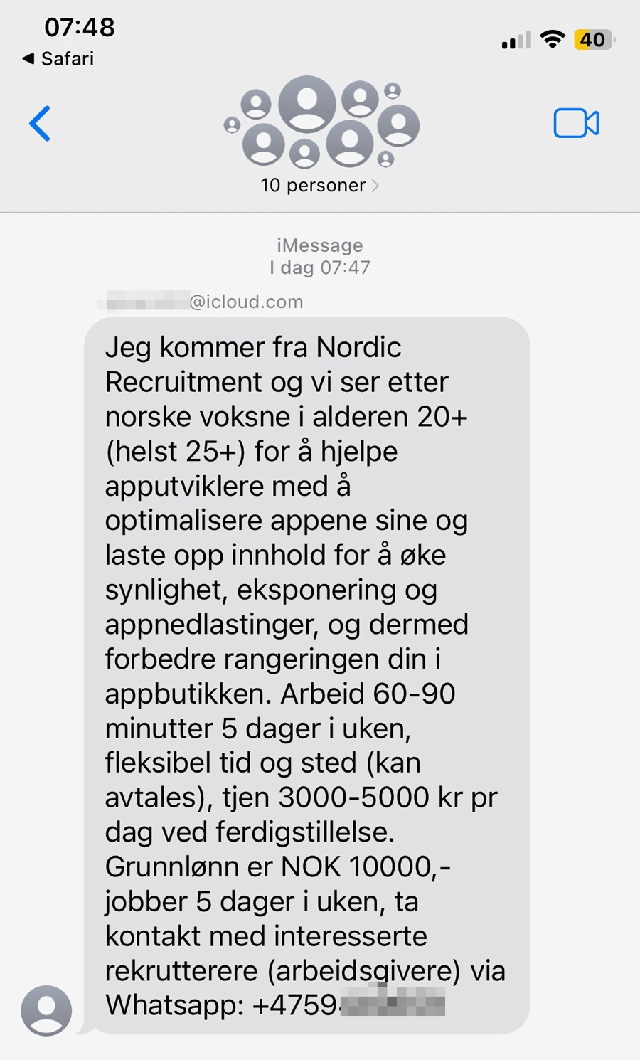 Eksempel på falsk melding fra Nordic Recruitment med jobbsvindel