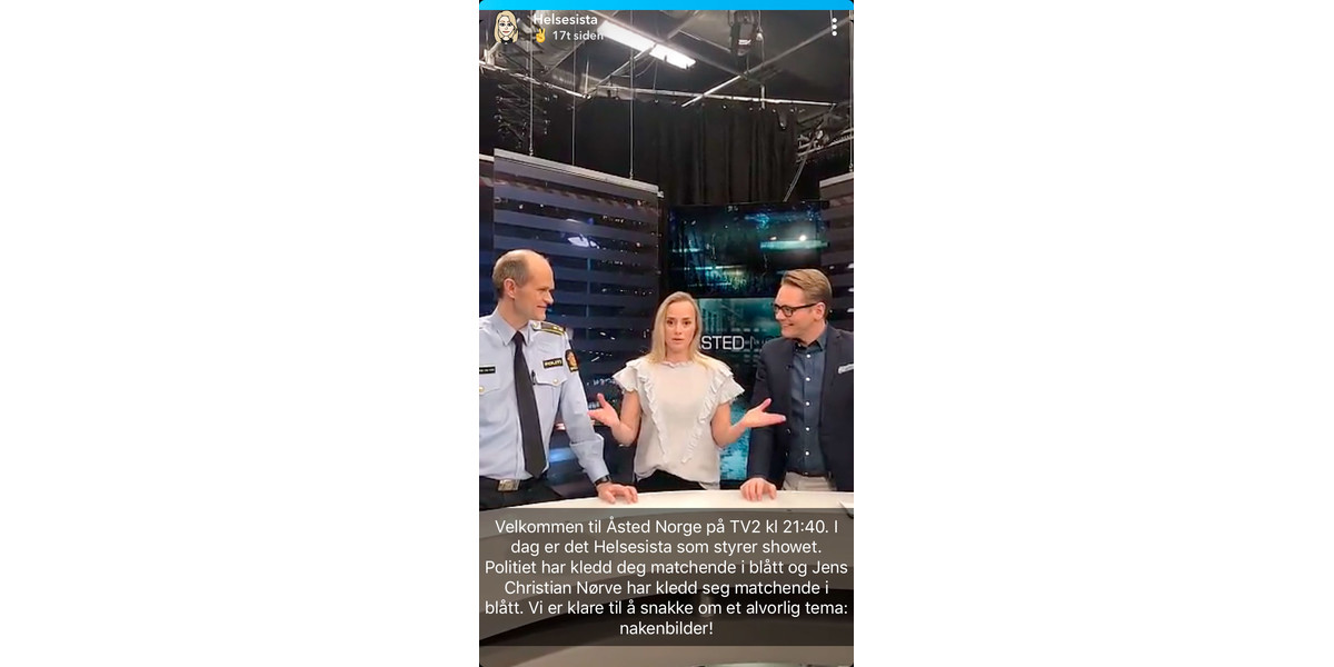 Helsesista engasjerer seg mye på Snapchat. Det har også gitt henne oppmerksomhet i andre kanaler, som her da hun deltok i Åsted Norge på TV 2 for å snakke om nakenbilder.