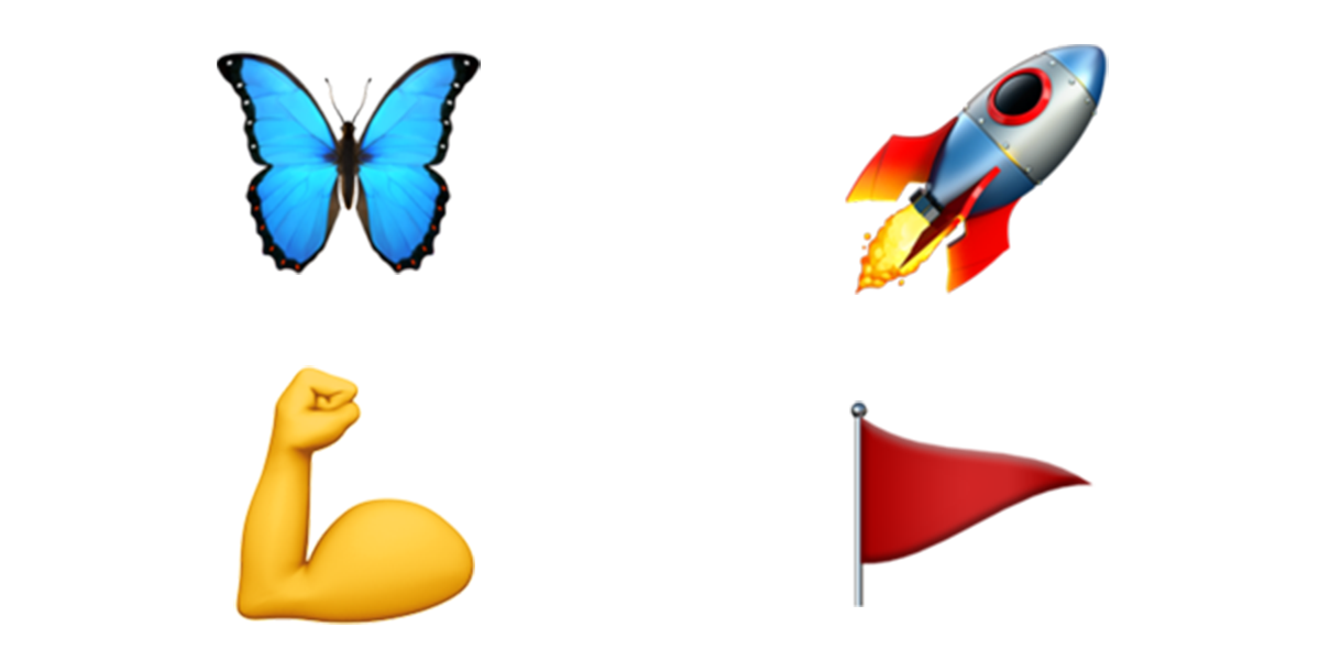 Populære emojis - sommerfugl, rakett, muskel og rødt flagg